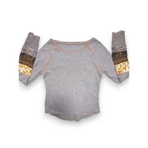 Grey Waffle Raglan Top W/ Mustard Crochet Patterned Sleeves Small/Medium